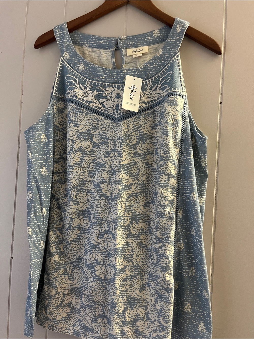 Styluxe Blue Floral Cold-Shoulder Sleeveless Top